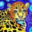 Placeholder: Dibujo al oleo de un leopardo pintado con muchas nubes de colores estilo Vincent van Gogh