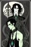 Placeholder: black haired young man necromancer wizard with gothic jewelry and tentacle fingers in the style of Harry Clarke