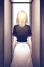 Placeholder: blonde girl walk in a corridor, back view, line arts, manga style