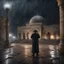 Placeholder: Hyper Realistic Man praying outside Dark Abandoned Al-Aqsa Mosque in a dark heavy rainy night