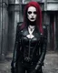 Placeholder: pretty bigbusty female dark creepy gothic makeup,pretty red eyes,black metal rock clothes gothic style,tight black leather jacket heavy metal punk rocker style,cinematic colors