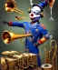 Placeholder: mechanoid clown playing jazz with a steampunk theme, trumpet, realistic