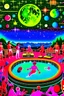 Placeholder: techno rave party in 80's with superstar dj playing and swimming pool on the moon full