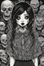 Placeholder: create a disturbing full body portrait horror illustration of a dark haired, savage, gothpunk vampire girl with highly detailed , sharply defined hair and facial features, in a dark, otherworldly London in the manga style of Junji Ito, precisely drawn, inked, with dramatic edges,