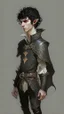 Placeholder: boy elf,he has curly, black hair and sharp cheekbones. His eyes are black. He wears fantasy medieval clothes. he is lean and tall, with pale skin, full body with boots, side view full body side profile