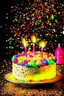 Placeholder: birthday cake with confetti and fireworks in the background