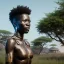 Placeholder: african head portrait, warrior costume, village, meditation, woods, galaxy sky, 8k quality