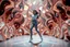 Placeholder: beautiful lady with todays modern clothing and sport shoes, in surreal stage made of 3d fractal random size recursive objects with helical strip colors in clothing similar to environment full body dancing to camera,animating background metallic random color and size recursive objects