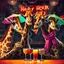 Placeholder: very Gay Giraffes standing in a bar drinking drinks with umbrellas, pride, makeup, smoking ciggarets, smiling, sparkling eyes, very happy, after dark, pink scarf, happy hour drinks sign