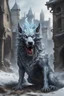 Placeholder: frost hellhound with hydra multiheaded in ruins of medival town