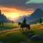 Placeholder: Au milieu dans la prairie et des rocheuses, un cavalier sur son cheval, contre jour crépusculaire, coucher de soleil au loin , style hyper réaliste, 8k, herbe verte et longue