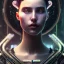 Placeholder: molly millions, closeup portrait of a young beautiful cyberpunk woman, mirror eye implants, black hair in a rough bun, sunset, neuromancer, street samurai, cyberpunk city background, megacity, gorgeous view, depth, painted by seb mckinnon, high detail, digital art, painted by greg rutkowski, trending on artstation