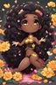 Placeholder: A sassy thick-lined comic book art cartoon black chibi girl lounging lazily on her side, surrounded by flower petals. She has a golden lion tail curling playfully behind her curvy body. Looking up coyly, she grins widely, showing sharp lion teeth. Her poofy hair forms a mane framing her confident, regal expression.