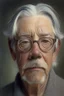 Placeholder: portrait of a man, in his seventies; small, short white locks and a goatee; wears a pair of round glasses