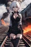 Placeholder: close-up gothic anime girl, white hair, tight outfit with gun on thigh, standing on a train track, smoke and fire surroundings, she is dull and dark, looks determined , train approaching behind her, poeti style