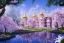 Placeholder: a magical crystal flower magnolias bougainvillier fuksia blue gold house russian palace castle in the woods, magnolias pink,blue lake,sun,white swanns,pink vertical, blue lake,sharp, vines, candlelit, endor, ornate, elegant, highly detailed, artstation, concept art, smooth, sharp focus, illustration, 8k, splash art, wallpaper, key visual