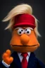 Placeholder: a Film Photograph of a realistic angry orange Donald J. Trump Muppet made of felt and fur wearing a dark blue suit and red tie and with blonde hair combover, he is old and angry with a small round mouth