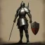 Placeholder: franz frazetta style, European medieval knight with sword and shield, dark soul like