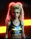 Placeholder: portrait, Shakira, blonde artist, angry, Realistic image, MMA robe, hoodie, mma gloves, loose long hair, fight pose, eyes, make-up, gold line make-up, moisture, sweat, fog, goddess, Neon colors, leds. Black background, photo studio, concept art, smooth, unreal engine 5, god lights, ray tracing, RTX, lumen lighting, ultra detail, volumetric lighting, 3d, finely drawn, high definition, 4k.