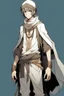 Placeholder: "Draw an anime character, a man with a full body, wearing traditional Arab clothing. He has white eyes outlined in black. He has a cold appearance, short hair, and a tan complexion. Draw it in the style of the anime 'Vanitas.'"