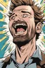 Placeholder: man with scruffy hair and stubble laughing absurdly at people panicking comic book style