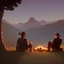 Placeholder: Two old cowboys are sitting at the campfire. Mountain lions attack them.