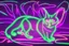 Placeholder: black background, outlines of a full-figure holographic cat, drawn from thin neon-coloured glowing lines