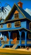 Placeholder: A blue house with speedy spiders designed in Japanese Oni masks painted by Thomas Hart Benton