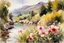 Placeholder: Sunny day, flowers, mountains, river, epic, john singer sargent watercolor paintings