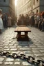 Placeholder: AI-generated images of a town square from a historical setting with architectural details that might imply the existence of public punishment or restraint devices. This could include an empty square with remnants of old structures or indications of a bygone era.