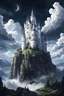 Placeholder: Fantasy white castle, gothic stlye, on top of a mountain, surrounded by clouds, during the night. Anime scenery