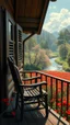 Placeholder: Bosch painting style nightmare , 3D , a chair in the balcony of wooden house in the vally of fields of red flowers and river stream trees in the background, high Quality picture , 8k