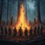 Placeholder: close up one large bonfire with its flames rising high in a clearing, around the bonfire many anthropomorphic wolf humanoids crying, dancing, singing and just watching the flames. rain, cold deep colors, around them in the background dark trees with huge trunks, rainy day, high contrast, high detail, atmospheric, dark fantasy, sci-fi atmosphere, cinematic