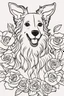 Placeholder: modern cartoon drawing style high contrast coloring page of a jumping dog with long hair, surrounded by roses, close up head shot, dynamic pose, upper body portrait, illustration, adult coloring page, thick outline, no details