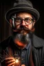 Placeholder: Man with a wire in his hand, hardrocker, glasses, hat, little beard, firestarter