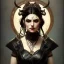 Placeholder: painted portrait of evil goddess in black leather, angry, strong, volouptous, chesty, cleavage, emperious, highly detailed, digital painting, artstation, concept art, smooth, sharp focus, illustration, art by gaston bussiere and alphonse mucha