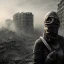 Placeholder: women, faces covered in black masks, ragged clothes, holding flag, war-torn, destroyed city in the background, 8k resolution, hyperrealistic, detailed matte painting, b&w, dynamic lighting, war, anarchy, terrorists