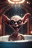 Placeholder: portrait through dirty warped lens of ultimate transcendent happy chat gremlin vampire alien frown with spotlights and huge dripping tounge sticking head out of a bathtub portal, in front of space portal dimensional glittering device, bokeh like f/0.8, tilt-shift lens 8k, high detail, smooth render, down-light, unreal engine, prize winning