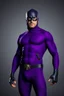 Placeholder: full-length, A portrait of a the Phantom, a man with piercing blue eyes, a chiseled jaw, goatee, timeless face, stern expression, Wearing a skintight formfitting purple cotton hero suit with a skintight cowl with a widows peak that fits tight to his head, but does not cover his face, he wears a thin, black leather, bandit eye disguise over his eyes, black and blue diagonally striped trunks, dual-holstered pistol belt adorned with a triangle skull-shaped buckle with leg straps, knee-high boots