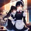 Placeholder: girl, masterpiece, best quality, cinematic lighting, detailed outfit, perfect eyes, black hair, red eyes, long hair, ponytail, in modern world, cafe setting, maid inspired outfit, vibrant colors, warm lighting, soft focus, watercolor textures,