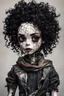 Placeholder: full color, closeup illustration of a dark, menacing, curly haired, black clad motorcycle girl, as a decayed, broken, crude homemade cloth doll toy, with a narrow cracked porcelain face, thick dark eyebrows, hair made from ragged strips of cloth, in the style of Alex Pardee, Tim Burton, and Nadya Sheremet