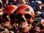 Placeholder: a picture of a dark, comedic, anatomically correct wall of colorful tightly packed stacked cyborg skulls of varying sizes and expressions, photo realistic, insanely meticulous, highly detailed, part of a collection of bones on display, 64k, dystopian, vray