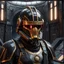 Placeholder: star wars bald male corellian pilot wearing pearlescent black and gunmetal grey First Order special forces heavy assault stealth commando armor and helmet with gold trim inside the jedi temple, hyperdetailed, dynamic lighting, hyperdetailed background, 8k resolution, volumetric lighting, light skin, fully symmetric details