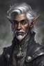 Placeholder: portrait of a dark grey skinned elven alchemist inventor with Black grey Hair