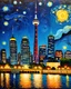 Placeholder: Starry Night, Toronto Skyline, CN Tower, low angle, cityscape, Van Gogh oil painting