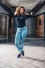 Placeholder: full body of very beautiful girl gean pants and blouse , curvy hair ,standing idle happy pose in studio pretty makeup,perfect face,sport shoes