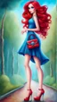 Placeholder: Creëer een mooie realistische Fantasie art, staande mooie vrouw, hoge schoenen, blauwe jurk, rood haar,met een handtas,kijkt achterom, inspired by Jeremiah Ketner,grote ogen, heldere ogen,digitaal geschilderd,Barbie gezicht