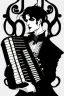 Placeholder: goth male necromancer with black hair playing a accordion in the style of Aubrey Beardsley