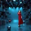 Placeholder: make a picture pretty stage made of metallic blue-gray teme 3d recursive cubic and sphere base structures and a beautiful fashion model lady posing with cute in black and white and the scene is in color,with dark red top and pretty pleated midi skirt ,makeup curvy long hair,dynamic camera zoom to full body and pan, dynamic lights.