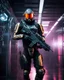 Placeholder: cinematic colors Length picture full body of Futuristic sci fi of a mechanized cyborg police SWAT .high key lighting, 3d bas relief, front view clock, glowing neon nixie eye, wire whiskers cyborg high contrast colors,standing pose hold weaponry,futuristic shoes,laboratory digital holograms and weapons storage room background